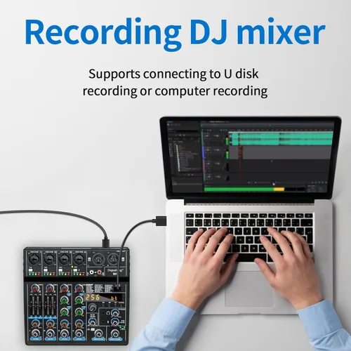Miniatura 5 de Depusheng M6 Mezclador DJ portátil de 6 canales con Bluetooth, consola de mezcla de sonido MP3 incorporada con 256 efectos digitales, 48V Phantom