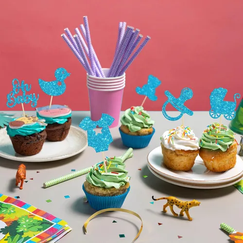 Miniatura 6 de Gyufise 36 piezas Oh Baby Cupcake Toppers Glitter Bear Chupete Baby Carriage Cupcake Picks Baby Shower Cake Decoraciones para revelación de género
