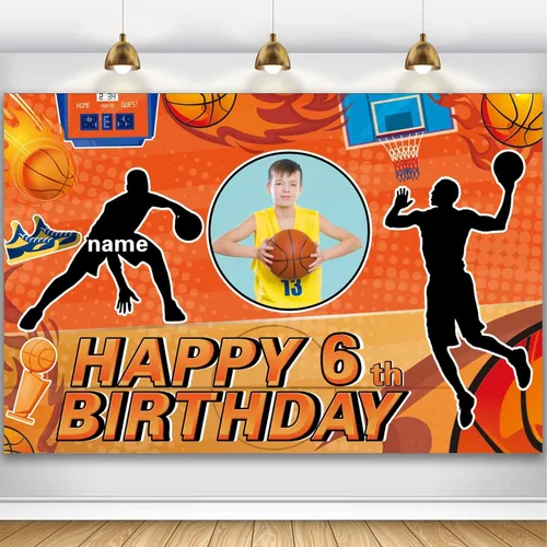 Miniatura 9 de Cartel personalizado de decoración de fiesta de cumpleaños de medio año, tema de baloncesto personalizado, fondo de deportes de baloncesto de feliz