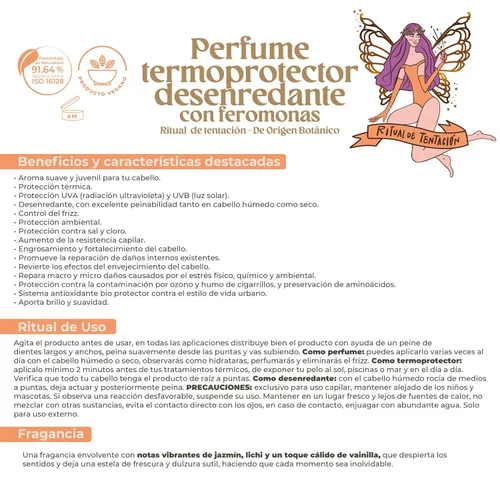 Miniatura 4 de Perfume Termoprotector para Cabello, Sin Alcohol, Antifrizz, Desenredante, Protección solar, Con Feromonas, Aroma Ritual de Tentación Jazmín