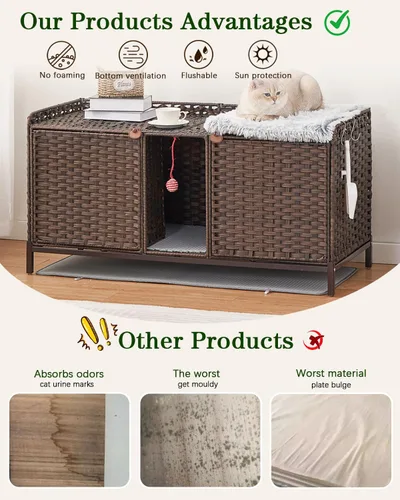 Miniatura 3 de SETVSON Caja de Arena para Gatos para 2 Gatos, Mueble Oculto de Caja de Arena con Alfombra, Casa Grande de Ratán para Gatos con Habitación Doble