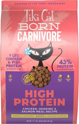 Tiki Cat Born Carnivore - Alimento seco para gatos con alto contenido de proteínas, harina de pollo, arenque y salmón, bolsa de 11.1 libras