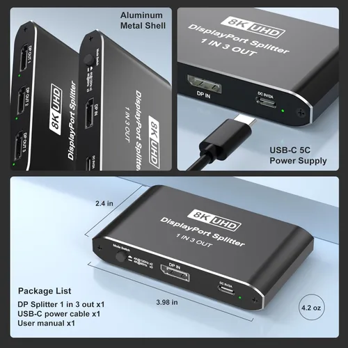 Miniatura 8 de Divisor DisplayPort 1 en 3 salidas, divisor de puerto de pantalla para monitores triples, compatible con DSC de 8K a 60Hz y modo extendido/espejo 4K
