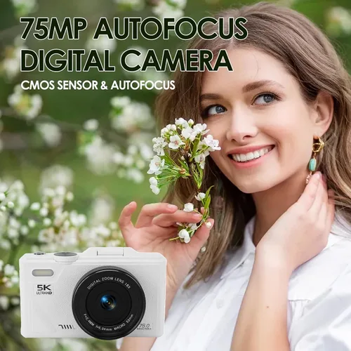 Miniatura 2 de Cámara digital 5K para fotografía con pantalla abatible de 180 ° de 3 pulgadas, cámara de vlogging de 75MP para, cámara compacta HD, zoom digital