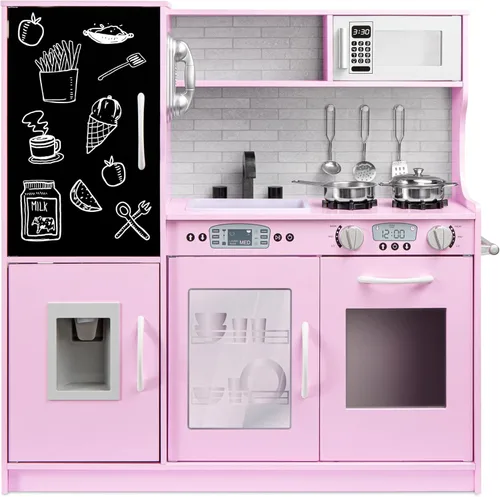 Miniatura 16 de Best Choice Products Juego de juguetes de madera para niños con diseño realista, teléfono, utensilios, horno, microondas, fregadero - negro