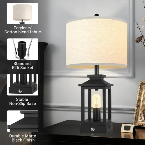 Miniatura 3 de Lámpara de mesa estilo granja para dormitorio, lámpara táctil negra con puertos USB-C y USB-A, lámparas de noche retro regulables de 3 vías