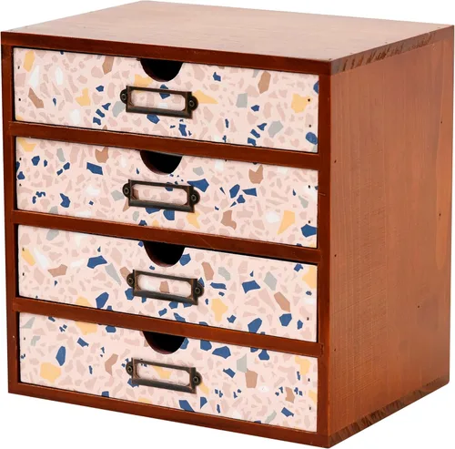 Organizador de escritorio de madera con patrón de terrazo, almacenamiento de escritorio de 4 cajones, gabinete de madera moderno y rústico para