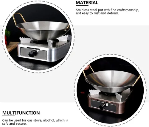 Miniatura 5 de GANAZONO Olla de acero inoxidable de acero inoxidable Wok Pan Sartén para saltear Sartén redonda de acero Sartén de wok chino Sartén de wok de acero