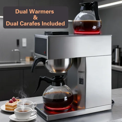 Miniatura 3 de VONCI Cafetera comercial de 1610 W, cafetera de goteo de 12 tazas, 2 jarras de vidrio y 2 calentadores, carcasa y embudo de acero inoxidable