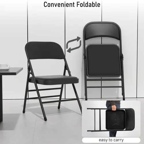 Miniatura 6 de Paquete de 4 sillas plegables negras con cojín acolchado de tela, juego de sillas de comedor de tela, sillas plegables apilables portátiles