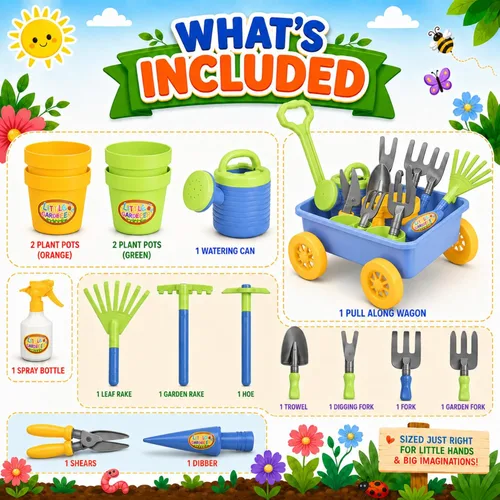 Miniatura 2 de Jardín Wagon & Herramientas juguete Juego Para Niños Con 8 herramientas de jardinería, 4 macetas, cubeta de agua y spray – ideal para playa & Sand