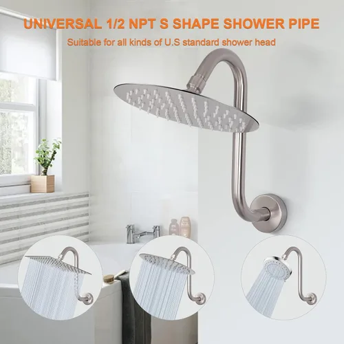 Miniatura 3 de Brazo de ducha en forma de S, tubo de extensión de cabezal de ducha de altura alta, conexión estándar de 1/2 pulgada con brida, impresionante