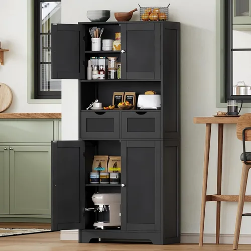 Miniatura 5 de Iwell Armario de almacenamiento de 57.8 pulgadas de alto con 2 cajones y 2 estantes ajustables, armario de cocina con 4 puertas, armario alto
