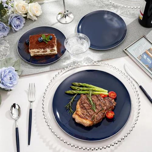 Miniatura 4 de KIRE 175 platos de plástico azul con borde plateado y cubiertos desechables con mango azul y tazas de borde plateado, servilleta de mano y vajilla