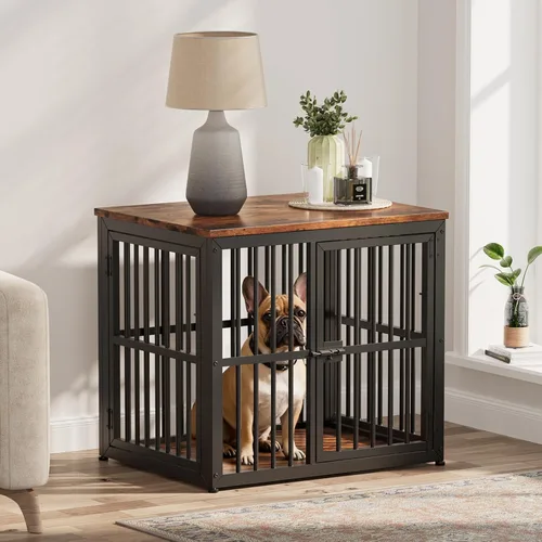 Lyromix Mueble de jaula para perros de 27 pulgadas con 3 puertas, mesa auxiliar de jaula de madera resistente jaula interior para cachorros para
