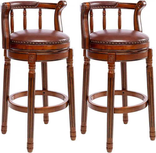 Miniatura 9 de RAINMOOD Juego de 2 taburetes de bar, taburete tapizado de cuero de grano completo, silla de bar negra con respaldo, patas de madera maciza