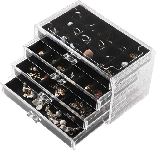 Frebeauty Caja organizadora de aretes caja de joyería acrílica con 4 cajones organizador de joyas transparente con bandejas de terciopelo anillos