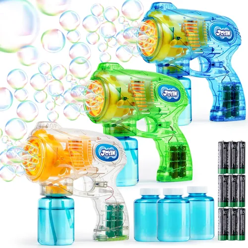 Miniatura 8 de JOYIN - Juego de 3 pistolas y 3 soluciones de burbujas para niños, juguete lanzador de burbujas para verano, recuerdos de fiesta, cumpleaños, Sólido