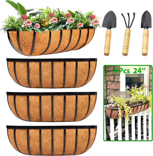 Miniatura 9 de LCHUANG Maceta de barandilla para ventana, paquete de 2 macetas de 24 pulgadas para balcón con forro de coco y fibra de coco, cesta de flores