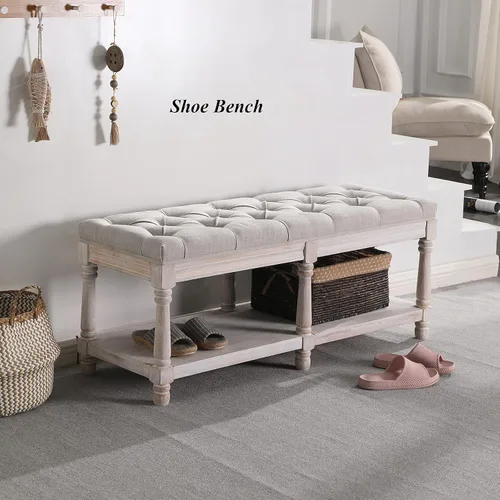Miniatura 4 de Banco de Almacenamiento Capitoné de Mediados de Siglo con Estante, Banco Otomán Tapizado en Lino Estilo Granja para Entrada/Zapatos con Asiento