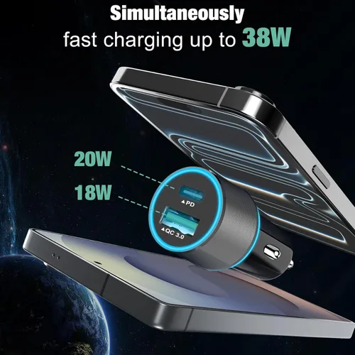 Miniatura 2 de Adaptador de cargador de coche USB C de 38 W, 20 W rápido USBC y puertos QC3.0 rápidos de 18 W, adaptador de encendedor de cigarrillos de 12 V