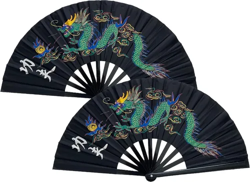 Paquete de 2 abanicos de mano plegables grandes con dragón chino para decoración del hogar, raves, festivales, conciertos, espectáculos - 13 Negro