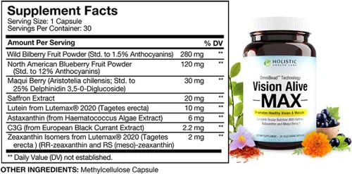 Miniatura 2 de Holistic Health Labs Visión Alive Max con 8 Ingredientes Naturales Lutemax® 2020, Mirtos, Arándanos, c3g de Grosella Negra, Baya Maqui, Azafrán