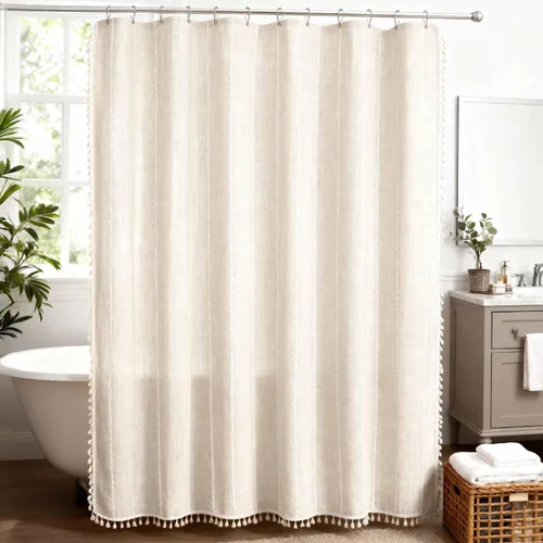 WELTRXE Cortina de ducha bohemia, moderna cortina de ducha con borlas, decoración rústica de baño, tela resistente repelente al agua con gancho,