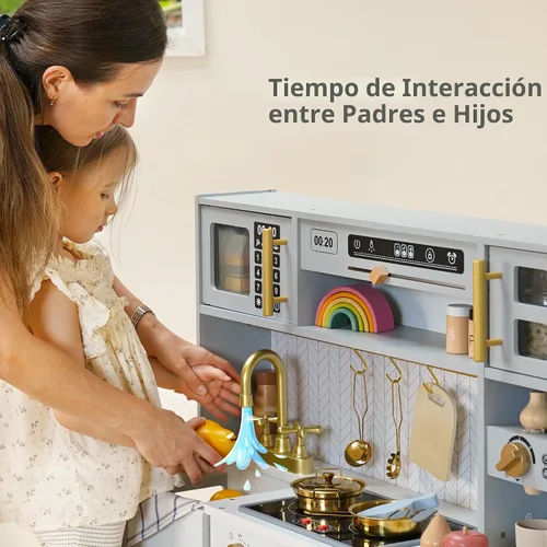 Miniatura 4 de Cocina de madera de juguete para niños – Juego de cocina de simulación con estufa realista, fregadero, cafetera, máquina de hielo, cocina de juguete