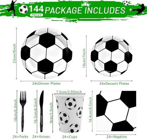 Miniatura 2 de Juego de vajilla de 144 piezas para fiesta de fútbol, para 24 invitados, incluye platos de papel, servilletas, tazas, cuchillos, tenedores