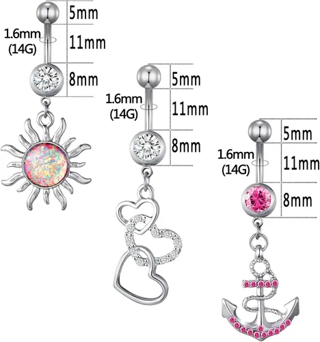 Miniatura 4 de 15 anillos de ombligo de acero inoxidable de 14 G para mujer con circonita cúbica AAA
