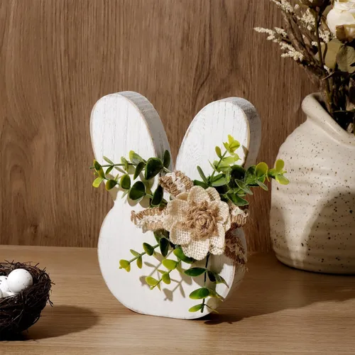 Miniatura 5 de Decoraciones de Pascua para el hogar: Rústica Antigua Conejito de Madera Feliz Pascua Mesa, Conejo Blanco de Granja con Flores Conejo de Madera