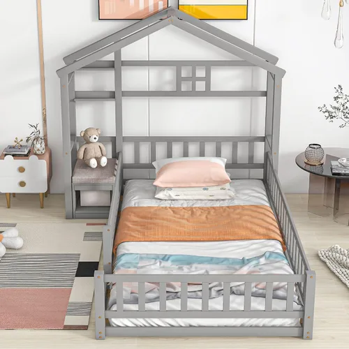 Miniatura 11 de Cama de madera de tamaño individual con cabecera en forma de casa con vallas, altura baja al suelo, para dormitorio de niños y niñas (azul claro-01)