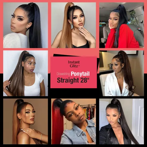 Miniatura 6 de GLAM21USA Extensión de cola de caballo recta de 28 pulgadas de largo con cordón para mujeres negras, extensión de cabello natural con clip, pieza