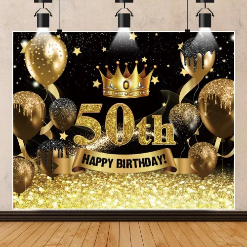 Miniatura 2 de Telón de fondo para fotografía de cumpleaños número 50 para mujeres y hombres, globo con purpurina negra y dorada, telón de fondo para fotos