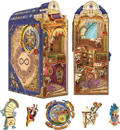 Miniatura 13 de Tonecheer Kit de rincón de libros para adultos, rompecabezas 3D de madera, kit de casa en miniatura, estante de libros para casa de muñecas, soporte