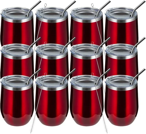 Miniatura 15 de MEWAY Vaso de vino sin tallo de 12 onzas con tapa, vaso de viaje de acero inoxidable con aislamiento de doble pared al vacío con popote, para Negro