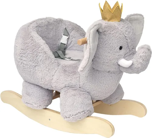 Miniatura 2 de Manhattan Toy Juguete mecedor de madera de elefante de peluche con corona, cinturón de seguridad ajustable y empuñaduras de madera grandes