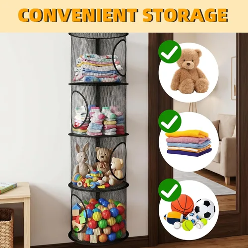 Miniatura 7 de Almacenamiento Colgante para Juguetes de Peluche, Organizador de Almacenamiento de Peluches Plegable para Rincón con 4 Compartimentos, Organizador
