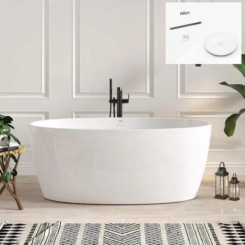 Miniatura 23 de FerdY Tahiti - Bañera independiente de 67" con forma ovalada elegante, bañera aislada de doble pared brillante con color blanco, con centro