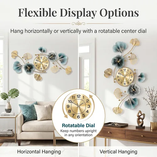 Miniatura 2 de Relojes de pared para decoración de sala de estar, reloj de pared grande, diseño creativo 3D de hoja de ginkgo de metal, con movimiento silencioso