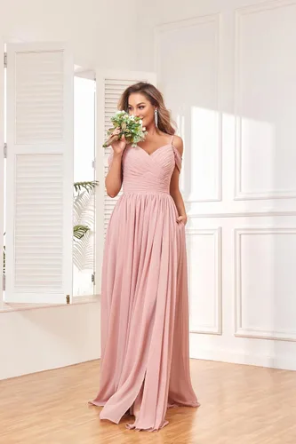 Miniatura 7 de BOLENSYE Vestidos de dama de honor con hombros descubiertos y bolsillos, vestido de noche formal con abertura larga de gasa fruncida