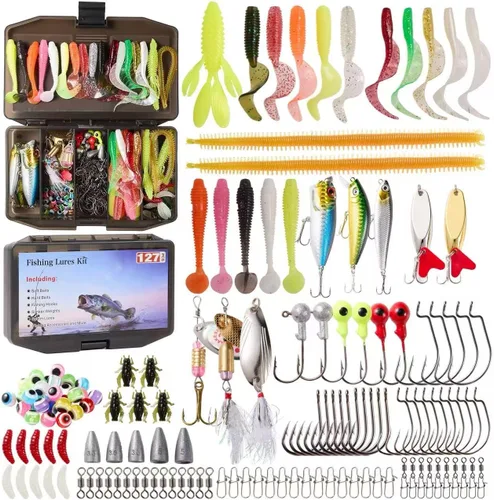 Señuelos de pesca, caja de aparejos de 127 piezas con aparejos incluidos, crankbaits, cuchara, ganchos, peso y accesorios, juego de equipo de