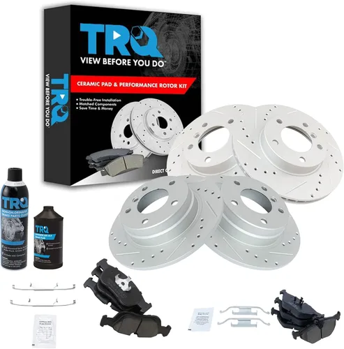 TRQ Kit de pastillas de freno y rotor delantero y trasero de cerámica de alto rendimiento con revestimiento en G ranurado X perforado compatible con