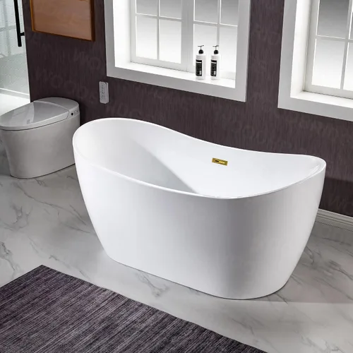 Miniatura 4 de WOODBRIDGE BTA1516 BG - Bañera independiente de acrílico de 59 pulgadas, bañera blanca de remojo contemporáneo con desbordamiento y drenaje de oro