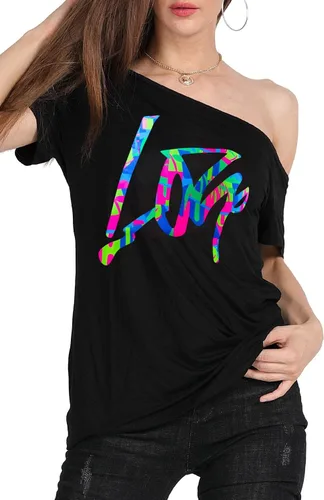 Miniatura 78 de MAGICMK - Camiseta casual para mujer, con estampado de labios y hombro descubierto, talla extragrande