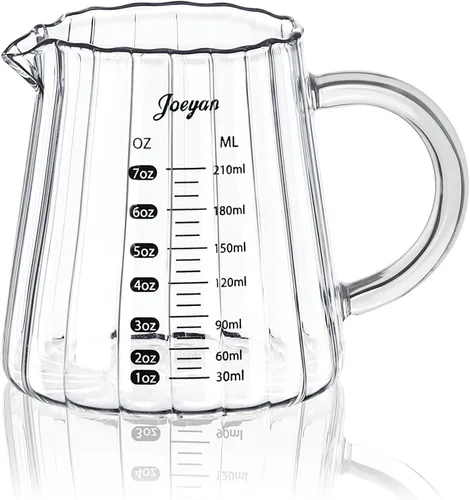 Miniatura 11 de Joeyan 4 onzas Gris Jarra medidora de triple boquilla con asa de madera, taza medidora de vidrio de borosilicato estriado de alta calidad, vasos