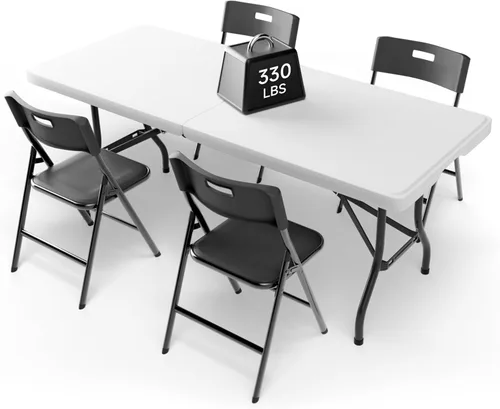 Juego de mesa plegable de 6 pies con 4 sillas plegables, mesa resistente de 330 libras y sillas de 330 libras, paquete de muebles plegables Mesa