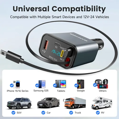 Miniatura 8 de SEANCHEER Adaptador Bluetooth para automóvil y cargador de automóvil USB C, adaptador de encendedor de cigarrillos de 69 W con 2 cables retráctiles