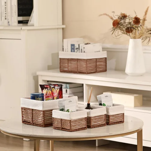 Miniatura 2 de Vagusicc Cesta de almacenamiento de mimbre, cesta de cuerda de papel tejida a mano, cesta rectangular pequeña para organizar, contenedor de Beige